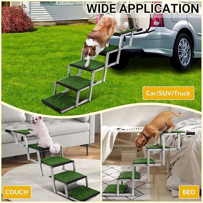 Dog Stairs for Car, Portable Folding Dog Ramps,Dog Steps for Large Dogs with Non-Slip Grass Rug for Cars, SUV, Trucks, Lightweight Pet Ramp Supports Up to 200 lb, 5 Steps-PurrikoPets