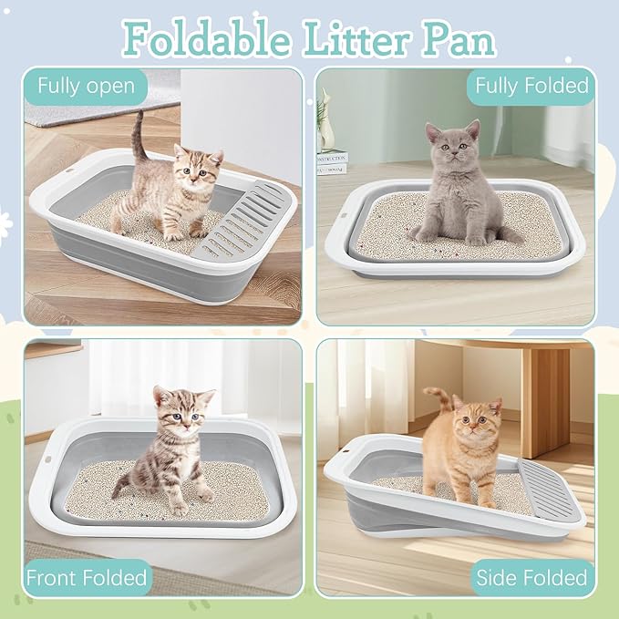 Fhiny Cat Litter Box Portable Shallow Litter Box 17.7"x13.4"x4.9" Foldable Cat Toilet with Scoop Open Kitty Potty Pan with Litter Drop Pedal Easy to Clean Travel Kitten Toilet(Gray)-PurrikoPets