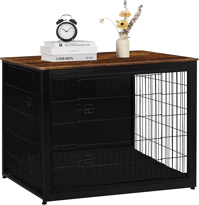DWANTON Dog Crate Furniture with Cushion, Wooden Kennel Table with Double Doors, Indoor Dog House, Extra Large Size, 43.3" L, Black+Rustic Brown-PurrikoPets