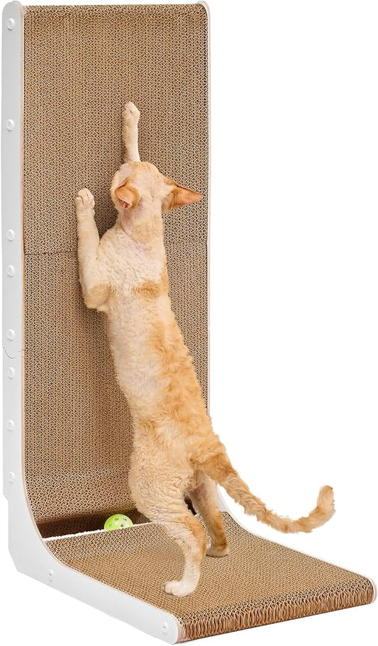 EHEYCIGA Cardboard Cat Scratcher for Indoor Cats, 32 Inch L Shaped Vertical Cat Scratching Board with Ball Cat Toy, Extra Large Cat Scratcher Pad, White-PurrikoPets