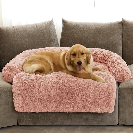 GGIB Calming Dog Bed Fluffy Plush Dog Mat for Furniture Protector with Removable Washable Cover for Large Medium Small Dogs and Cats (Extra Large (53x39.3x6), Pink)-PurrikoPets