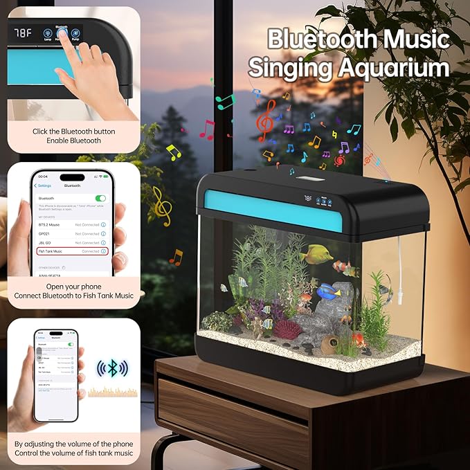 Fish Tank Aquarium 6.3 Gallon Fish Bowl with Music Humidifier 7 Color Auto-Looping Light Adjustable Quiet Pump, Temperature Display, Bottom Water Changer, HD Float Glass, Leak-Proof Thickened Base-PurrikoPets