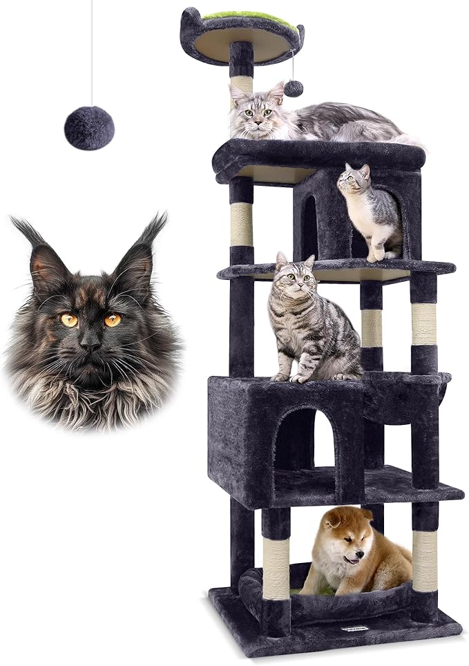Globlazer Heavy Duty Cat Trees for Large Cats, Sturdy 72in Maine Coon Cat Tree for Large Cats 20 lbs+ Heavy Duty Cat Tower for Adult Biggest Cat with 6 Scratching Posts, Hammock, S72, Dark Gray-PurrikoPets