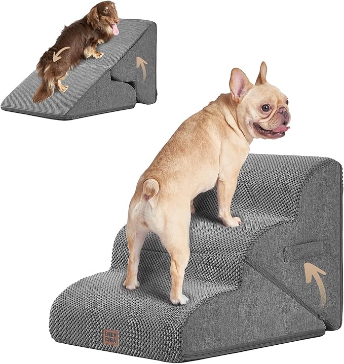 EHEYCIGA Curved Foldable Dog Stairs Ramp for Small Dogs 16" H, 3-Step Dog Steps for Couch Sofa and Chair, Pet Stairs for Cats, Non-Slip Balanced Pet Steps Indoor, Grey-PurrikoPets
