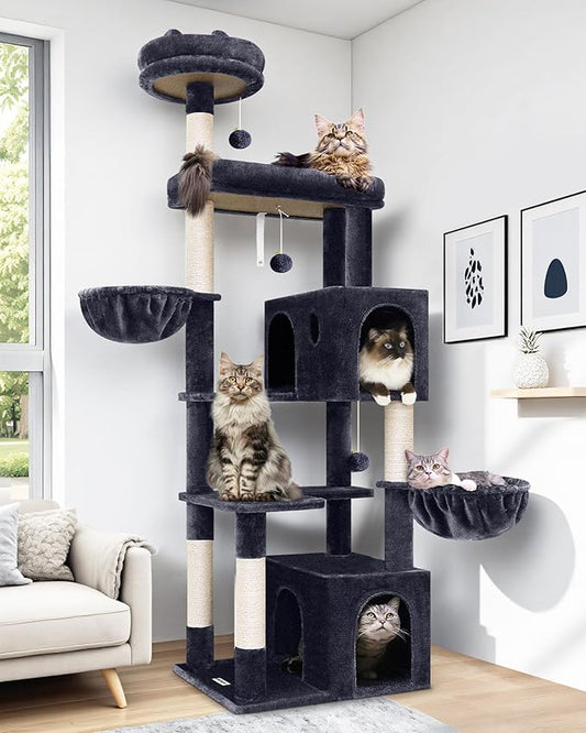 Globlazer Heavy Duty Cat Tree Tower, 73in Tall Cat Tree for Indoor Cats Large Adult, Cat Condo for Large Cats with 5 Scratching Posts, 2 Cat Caves, 2 Padded Perches, 2 Hanging Baskets, F73, Dark Gray-PurrikoPets