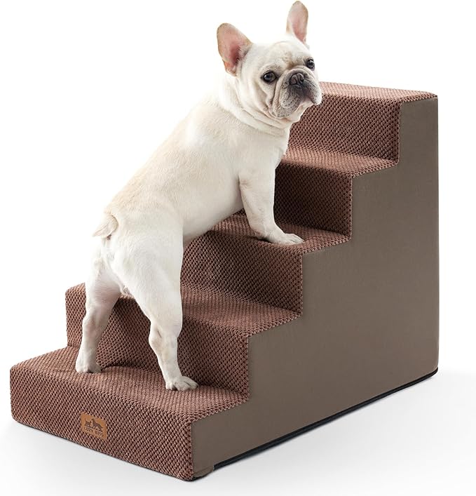 Dog Stairs for Small Dogs, 5 Tier Wider Pet Stairs for High Beds, 23.6" H Non-Slip Dog Steps for Old Cats, Puppies, Small Medium Dogs, 29.5x19.7x23.6 inch, Brown-PurrikoPets