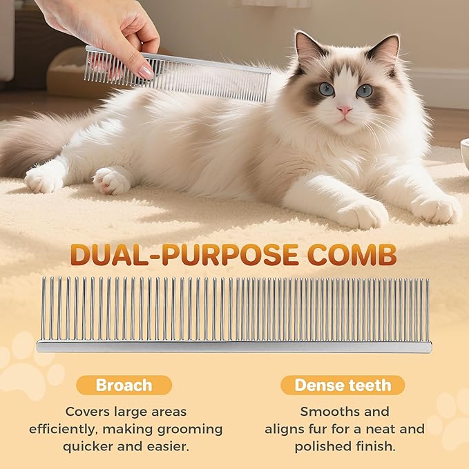 7.5 Inch Professional Stainless Steel Pet Grooming Comb for Dogs & Cats, Wide & Dense Teeth for Removing Tangles, Knots,Undercoat,Flea,Excess Hair, Rounded Corners Design for Safe,Metal Dematting Tool-PurrikoPets
