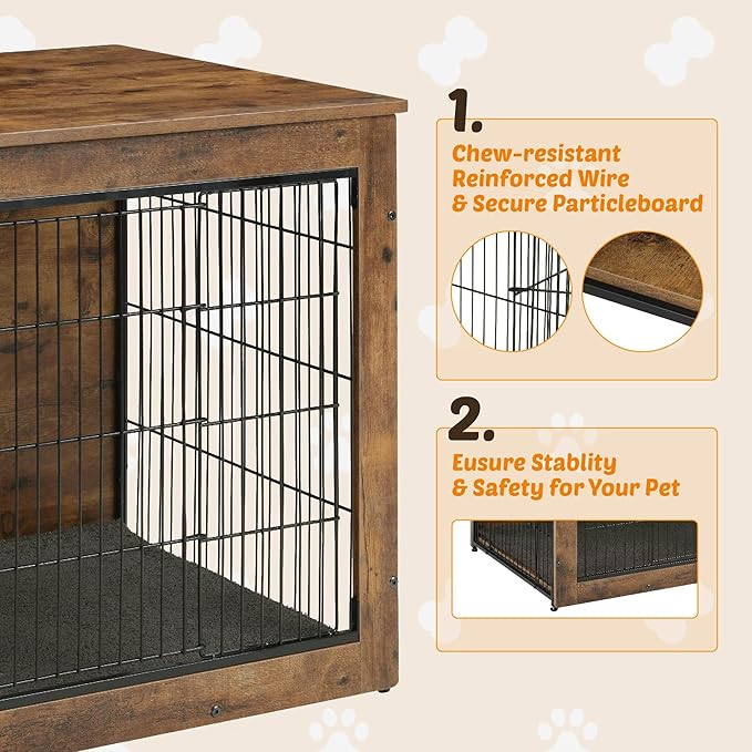 Dog Kennel Furniture, Wooden Dog Crate End Table with Dual Doors, Chew-Proof Design & Cushion, Heavy Duty Dog Crate, Decorative Pet Crate Dog Cage for Indoor (39 Inch)-PurrikoPets