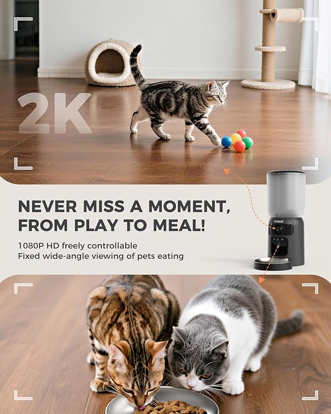 AI Cat Feeder with Dual Cameras (1 Adjustable), 2K HD Night Vision, 5G/2.4G WiFi, 6L Automatic Pet Feeder with APP Control, Laser Interactive Toy, Two-Way Audio & Scheduled Feeding-PurrikoPets