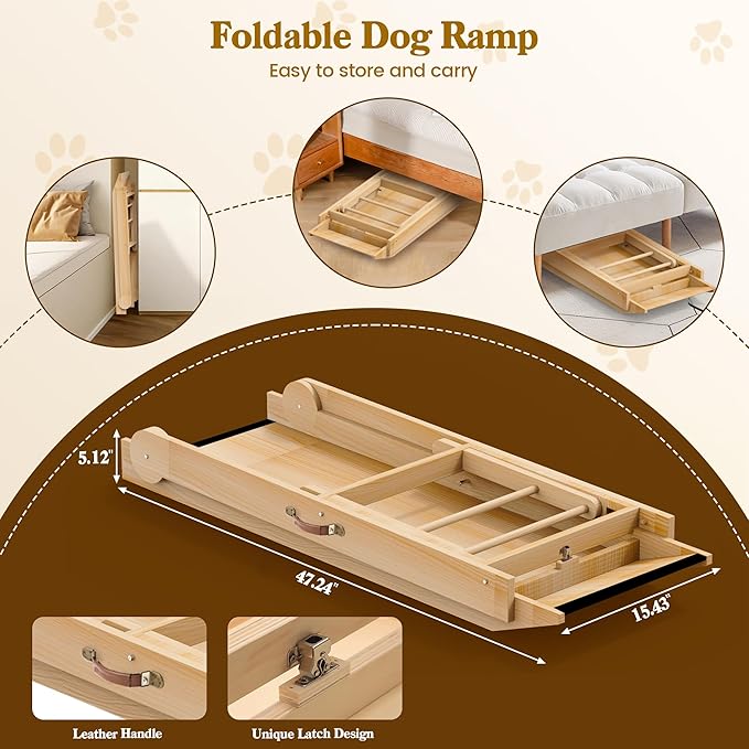 Dog Ramp for Bed, 47" Long Non-Slip Portable Pet Ramp for Small Large Dogs, Wooden Adjustable Dog Ramps for Bed, Couch, Car -Non Slip Carpet Surface and Foot Pads, Height from 12" to 24", Up to 200LBS-PurrikoPets