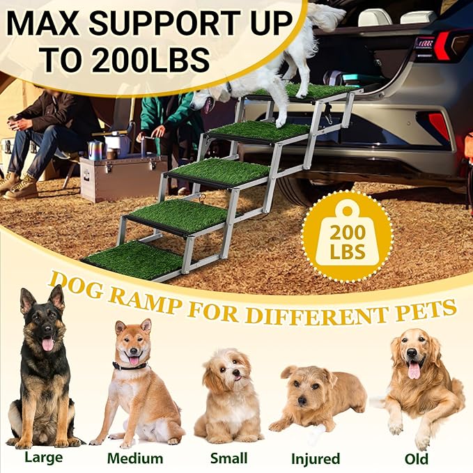 Extra Wide Dog Stairs for Car, Portable Folding Dog Steps for Large Dogs with Non-Slip Grass Rug for Cars, SUV, Trucks, Lightweight Pet Ramps Supports Up to 200 lb, 5 Steps-PurrikoPets