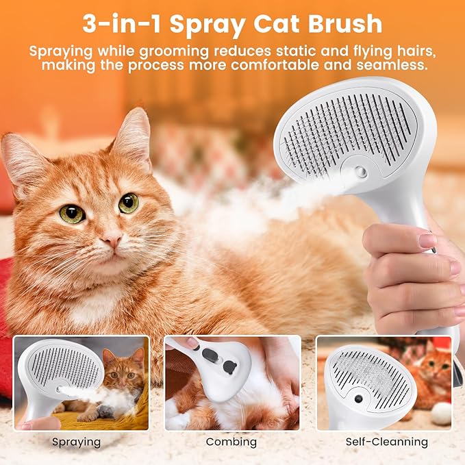 3 In 1 Cat Brush, Anti-Static Dog Brush One-click Self-cleaning Comb for Furry Pet, Rechargeable USB Cat Steam Brush for Shedding, Horse and Dog-PurrikoPets