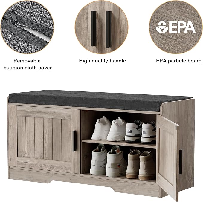 2-Tier Storage Bench, Shoe Bench with Thickened Padded Seat Cushion, Entryway Bench with 2 Doors, Adjustable Shelf, 13.8" D x 37.4" W x 18.5" H, for Entryway, Living Room, Bedroom, Greige-PurrikoPets