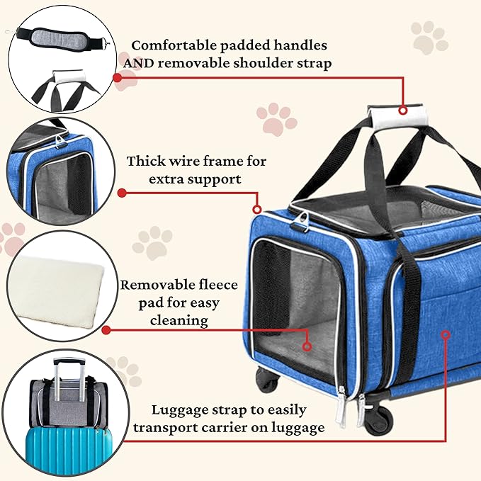 Airline Approved Expandable Premium Pet Carrier on Wheels- Two Sided Expandable Rolling Carrier- Designed for Dogs & Cats- Extra Spacious Soft Lined Carrier! (Blue)-PurrikoPets