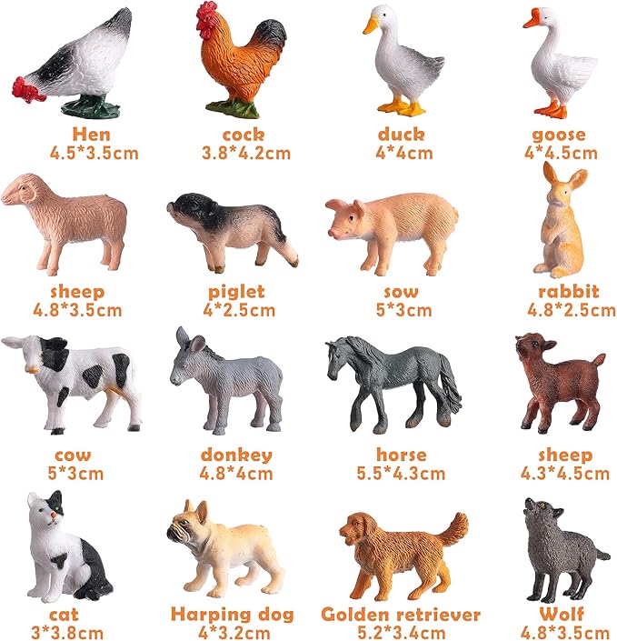 16Pcs Small Animals Figures, Realistic Farm Animals Toys for Cupcake Toppers, Learning Educational Toys, Birthday Party Favors Gift for Kids-PurrikoPets