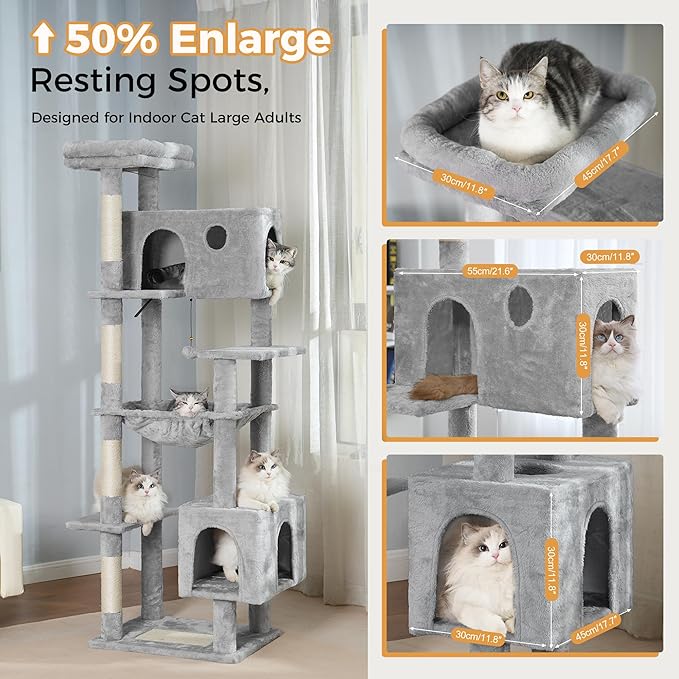 72” Cat Tree for Large Cats Big Cat Tower with Enlarged Hammock 21.6x17.7” Spacious Cats Condo House and Roomy Top Bed and Multiple Scratch Posts for Indoor Adult Cats (Grey, XLarge-72)-PurrikoPets