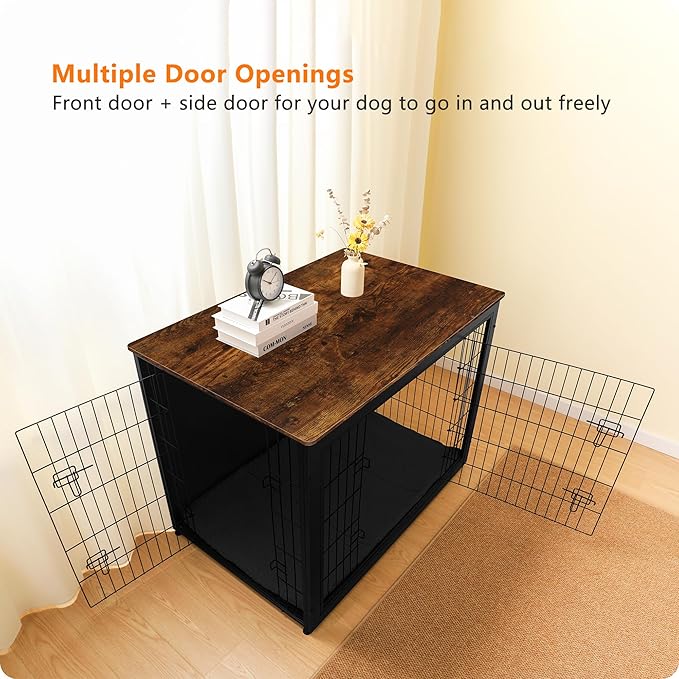 DWANTON Dog Crate Furniture with Cushion, Wooden Kennel Table with Double Doors, Indoor Dog House, Extra Large Size, 43.3" L, Black+Rustic Brown-PurrikoPets
