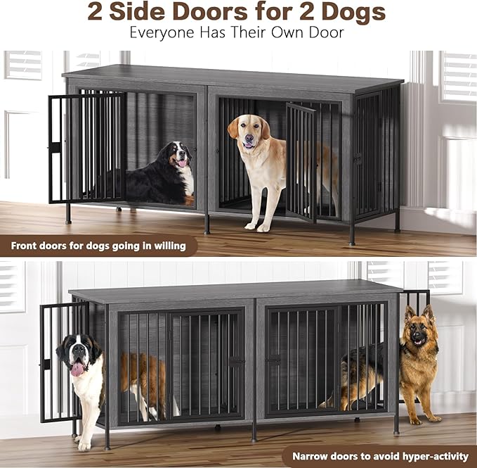 EasyCom 78 Inch Dog Cage Furniture for 2 Pets with Divider, XXL Wooden Double Dog Crate Furniture TV Stand for Mideum and Large Breed, Durable and Sturdy-PurrikoPets