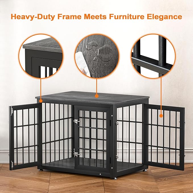32 Inch Heavy Duty Dog Crate Furniture for Medium and Small Dogs, Decorative Pet House End Table, Wooden Cage Kennel Furniture Indoor, Gray-PurrikoPets