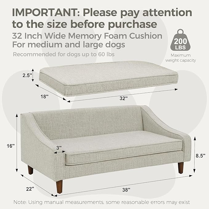 Dog Sofa Couch for Medium to Large Dogs, Durable Pet Sofa with Washable Fabric, Elevated Mini Dog Bed with Wooden Legs for Medium and Large Dogs, Beige-PurrikoPets