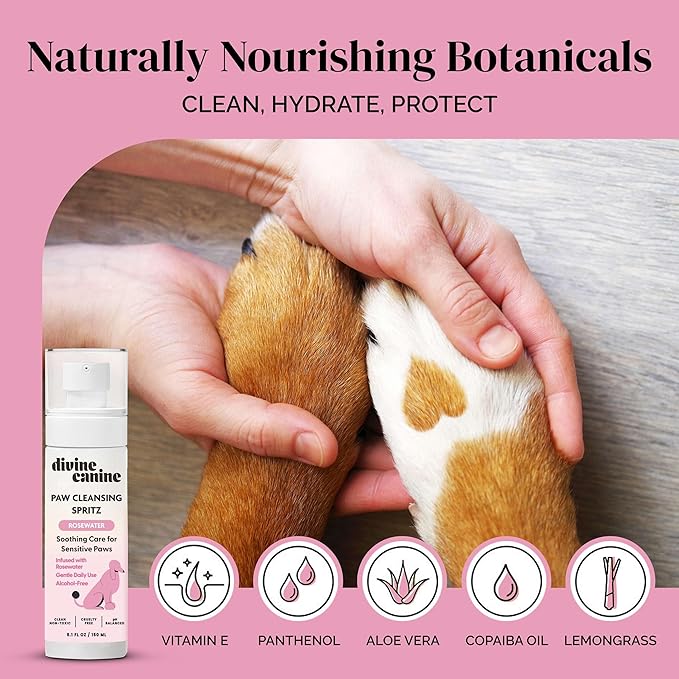 Dog Paw Cleaner - 5.1 Fl Oz of Alcohol Free Paw Cleansing Spray - Made with Rosewater, Aloe, Copaiba Oil, and Lemongrass Oil to Nourish and Clean Paws - Made in The USA-PurrikoPets