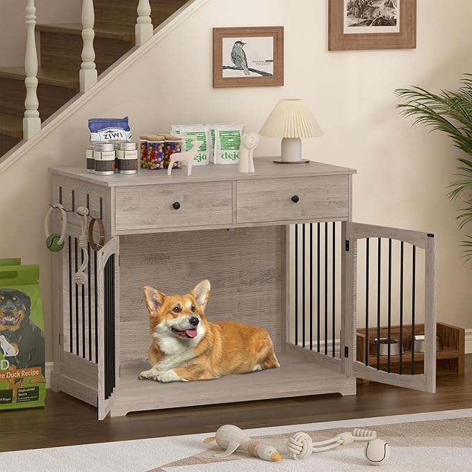 40 Inch Furniture-Style Dog Crate-Multipurpose Wood Pet Crate Furniture with Double Doors,2 Drawers, Decorative Dog House Indoor for Smal/Medium Dogs, Gray Finish-PurrikoPets