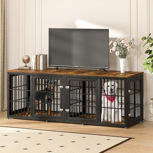 78 Inch Double Dog Crate Furniture, Heavy Duty Extra Large Cage Furniture with Divider for 2 Dogs, Decorative Wooden Kennel Furniture Indoor, Metal Pet House for Large and Medium Dogs-PurrikoPets