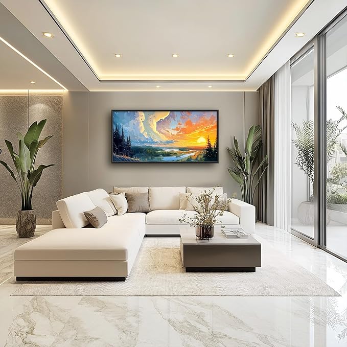 Framed Large Sunrise Wall Art for Living Room, Oversized Sunrise Wall Decor Forest Lake Landscape Canvas Print Natural Picture Home Decoration for Bedroom Living Room Office 60"x30"-PurrikoPets