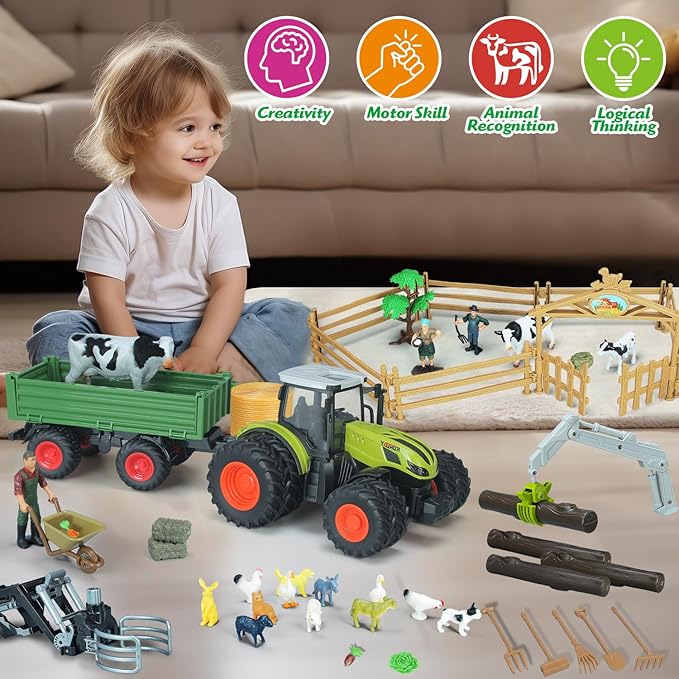 46Pcs Farm Toys, Tractor Toy w/Lights & Sound, Farm Animals Toys for 3 4 5 6 7 8+ Year Old Toddler Girls Boys Kid, Figures Farmer Vehicle Truck Fence Farm Playset Educational Learning Toys-PurrikoPets