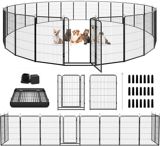 Dog Playpen Outdoor Extra Wide 24 Panels Heavy Duty Dog Fence 47" Height Anti-Rust with Doors Portable for RV Camping Yard, Total 63FT, 316 Sq.ft, Snowy Black-PurrikoPets