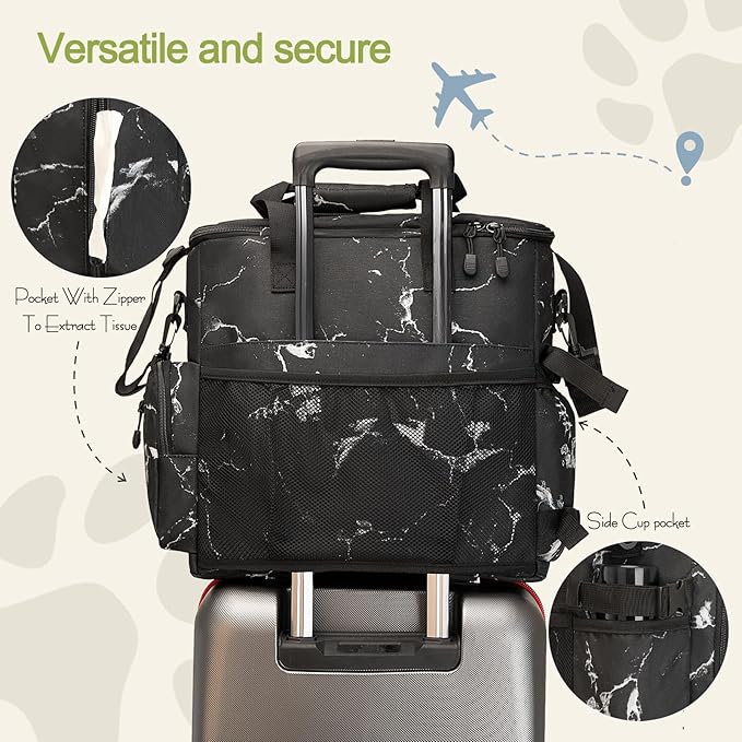 Dog Travel Bag,Weekend Pet Travel bag Set for Dog and Cat,Airline Approved Tote Multi-Function Dog Bags for Traveling,Include 2 Collapsible Bowls,2 Food Storage Containers,1 Feeding Mat,Marble-PurrikoPets