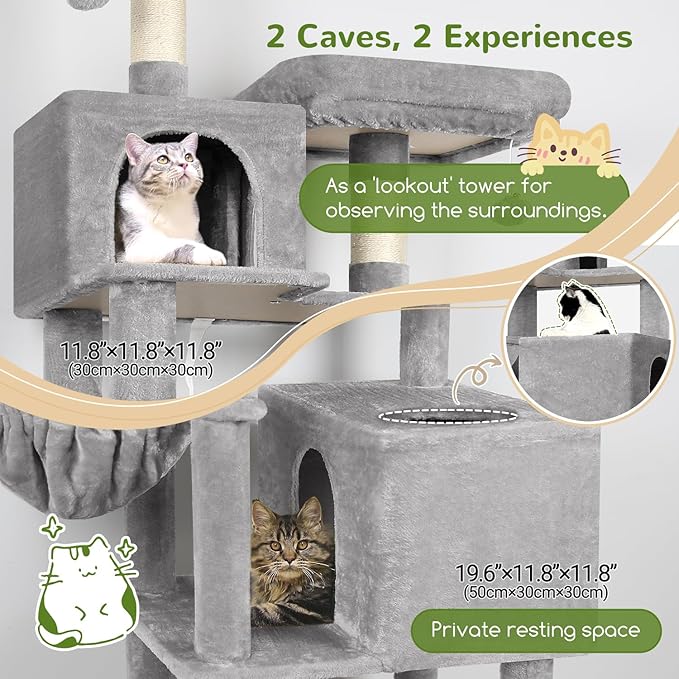 Globlazer Cat Tree Tower, 76-Inch Extra Tall Multi-Level Cat Furniture with Cozy Condos, Hammock and Perches for Adult Cats, Perfect for Climbing, Scratching, and Play, F76, Light Grey-PurrikoPets