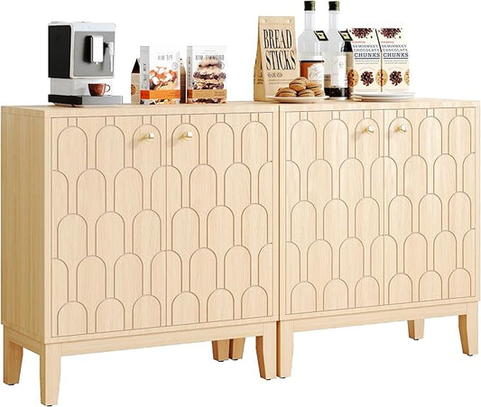 Farmhouse Storage Cabinet, Modern Buffet Sideboard with Doors, Fish Scale Pattern, Boho Cabinet for Dining Room, Natural, 2 Pieces-PurrikoPets