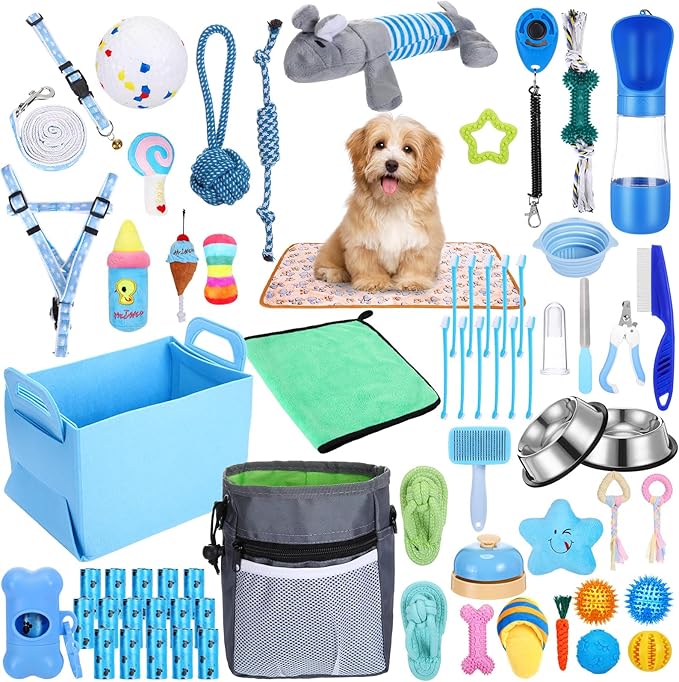 65 Pcs Puppy Supplies Starter Kit Small Dog Essentials Includes Dog Leash, Toys, Bowl, Brushes, Water Bottles, pet Blankets Puppy Accessories for New Welcome Gift Supplies(Cool,Blue)-PurrikoPets