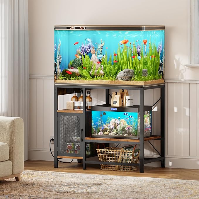 40-50 Gallon Fish Tank Stand, Aquarium Stand with Power Outlet and Storage Cabinet, Heavy Duty Tank Stand Suitable for Turtle Tank, Reptile Terrarium, for Home Office, Rustic Brown FTHR50E01-PurrikoPets
