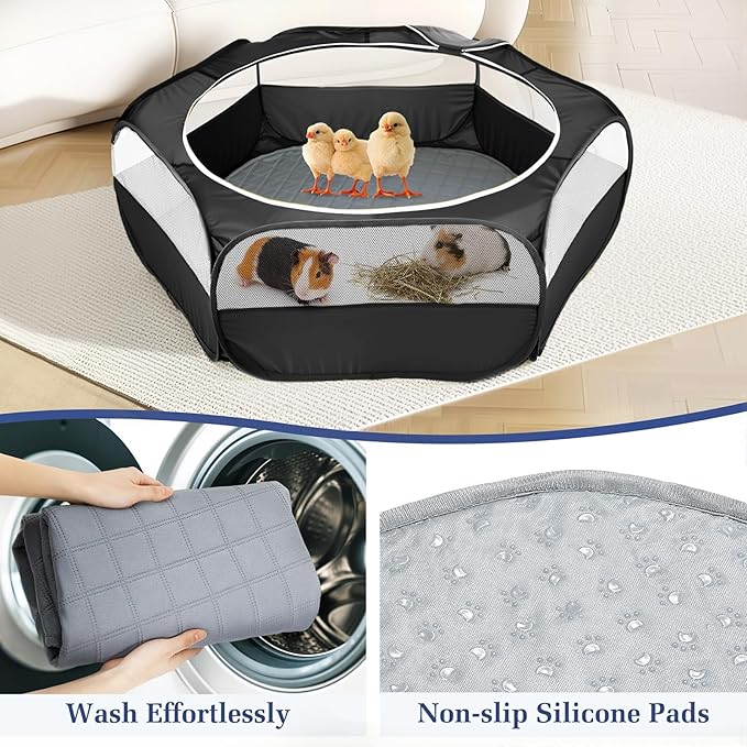 2-in-1 Small Animals Playpen with Pad, Waterproof Small Pet Cage Tent with Reusable Pad, Portable Outdoor Yard Fence with 3 Metal Rod for Chick/Kitten/Puppy/Guinea Pig/Rabbits/Chinchillas, Black-PurrikoPets