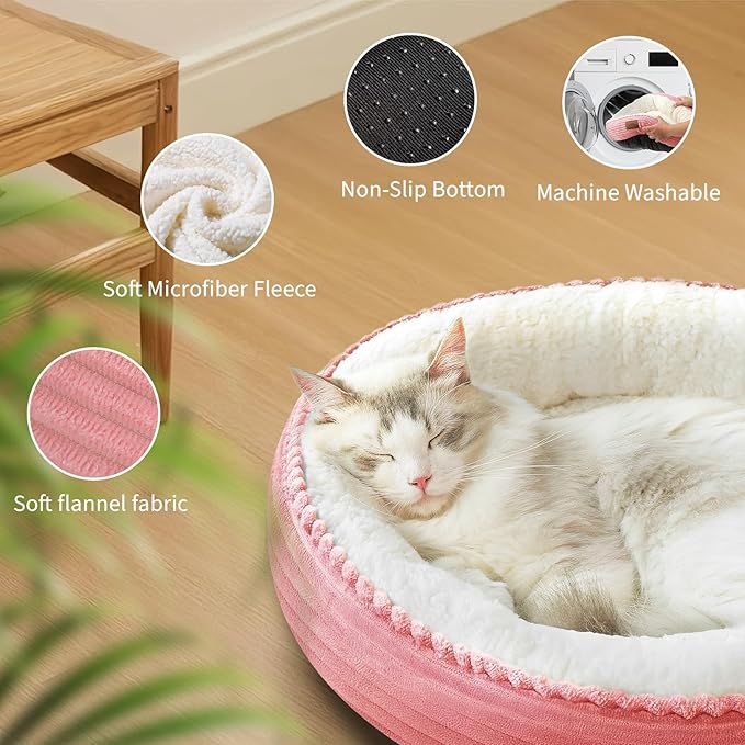 23in Pink Round Cat Dog Bed for Large Medium Small Dogs Cats, Machine Washable Sleeping Sofa, Non-Slip Bottom Breathable Soft Calming Pet Cuddler for Indoor/Outdoor/Car/Cage-PurrikoPets