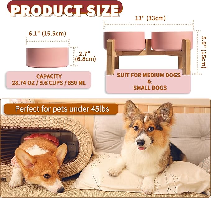 Elevated Ceramic Dog Bowl Set - Raised Dog Bowls with Non-Slip Bamboo Stand - Dog Food and Water Bowl Set - Double Dog Feeding Bowls - Suitable for Small and Medium Dogs - 28.74 OZ - 3.6 CUPS - 850 ML-PurrikoPets