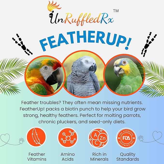 FeatherUp! Bird Vitamins with Biotin for Beautiful Plumage - Feather Growth Supplements for Parrots - 90 gm - 240 Servings-PurrikoPets