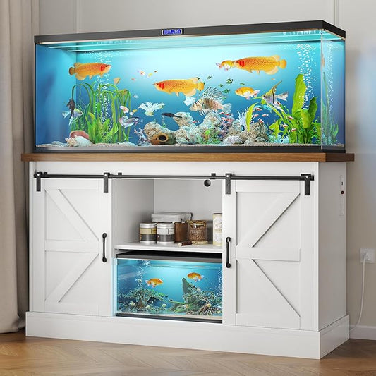 55-75 Gallon Fish Tank Stand with Sliding Barn Doors & Power Outlet, Heavy Duty Aquarium Stand with Cabinet Storage for Fish Tank, Turtle Tank, Reptile Terrarium, 1000LBS Capacity, White-PurrikoPets