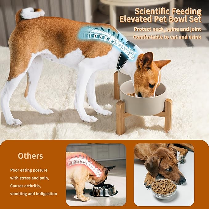 Elevated Ceramic Dog Bowl Set - Raised Dog Bowls with Non-Slip Bamboo Stand - Dog Food and Water Bowl Set - Double Dog Feeding Bowls - Suitable for Small and Medium Dogs - 28.74 OZ - 3.6 CUPS - 850 ML-PurrikoPets