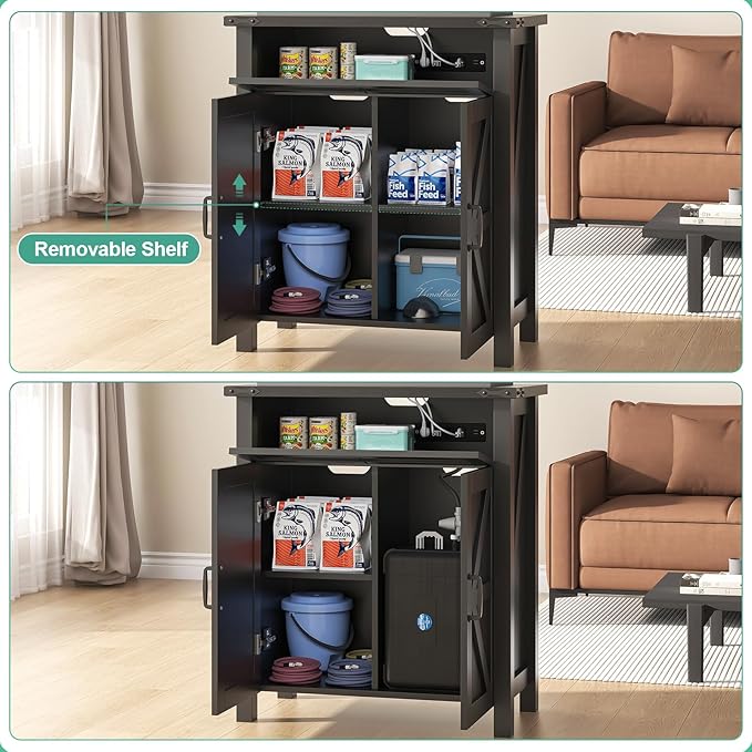 20 Gallon Aquarium Stand With Charging Station, Farmhouse Fish Tank Stand, Reptile Tank Stand Terrarium Stand with Drawer and Cabinet Storage, Sturdy Heavy Duty 27.6"×15.7" Tabletop - Black-PurrikoPets