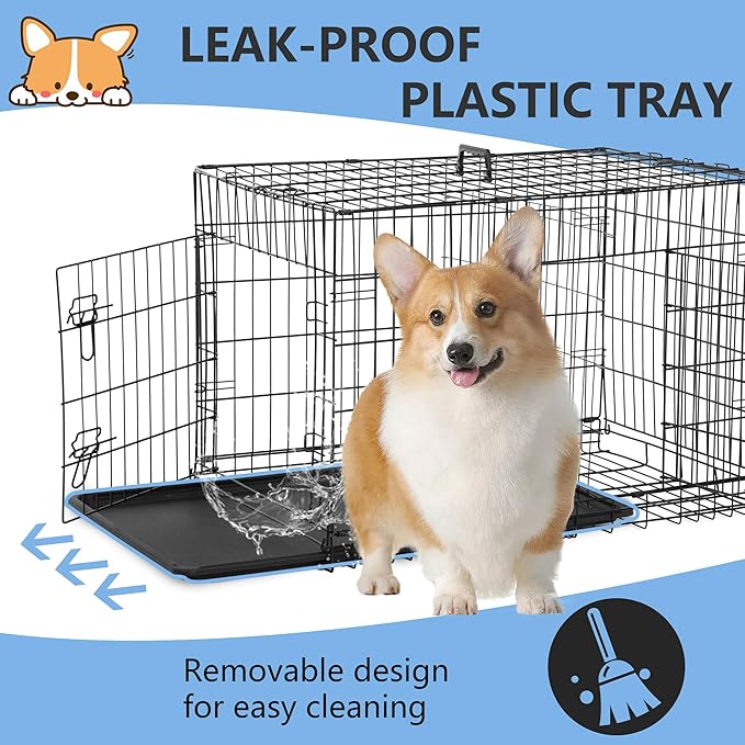 FDW 30 inch Dog Crate Dog Kennel Cage with Double Door Folding Metal Wire Dog Cage with Removable Tray&Divider Panel,Pet Crate for Medium Dogs,Black-PurrikoPets