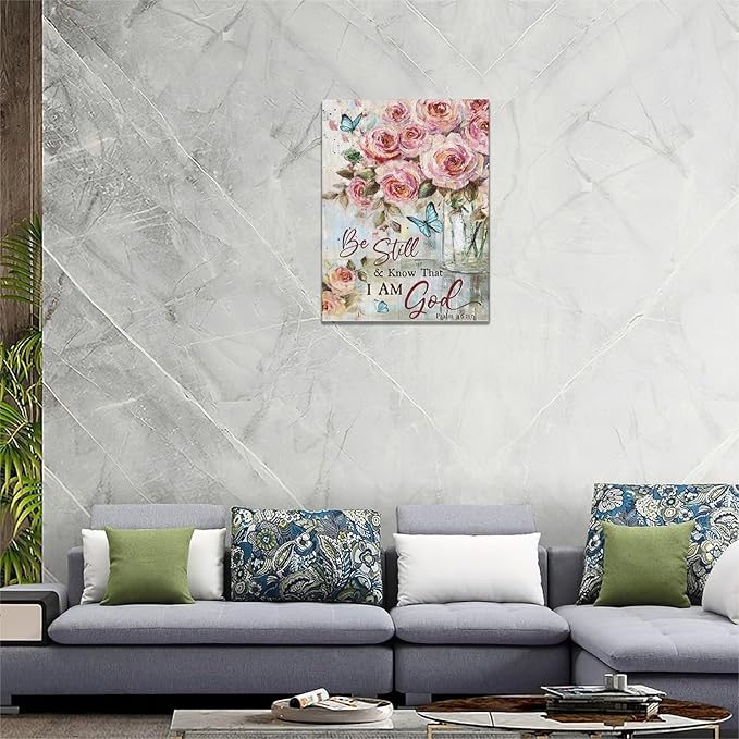 Farmhouse Rose Wall Art Christian Scripture Pictures Pink Rose Wall Decor Rustic Floral Butterfly Canvas Print Painting Artwork for Bathroom Living Room Bedroom 12"x16"-PurrikoPets