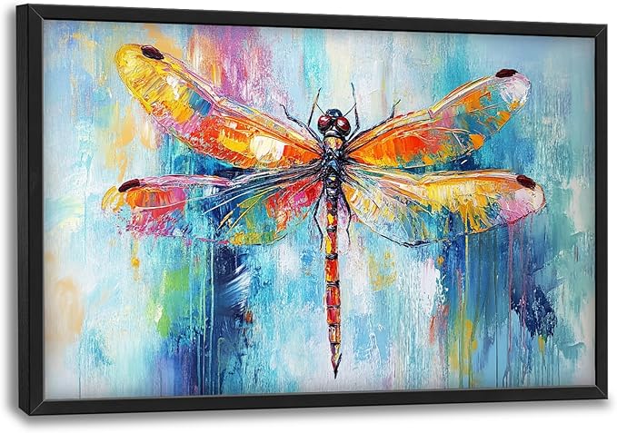 Extra Large Abstract Dragonfly Framed Wall Art for Living Room,Oversized Colorful Dragonfly Pictures Wall Decor,Teal Canvas Print Painting Modern Artwork Bedroom Office Bathroom 36L" x 24W"-PurrikoPets