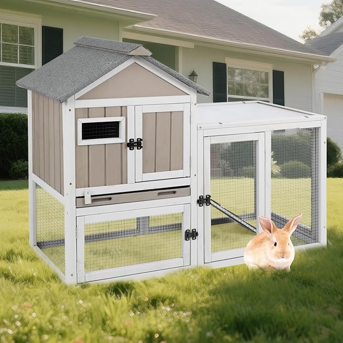 94''L Rabbit Hutch Outdoor Chicken Coop with Run, Wooden Indoor 2 Story Bunny House with Waterproof Roof, Pull Out Tray, Guinea Pig Rabbit Duck Cage for Small to Medium Animals and Pet Lover, Gray-PurrikoPets