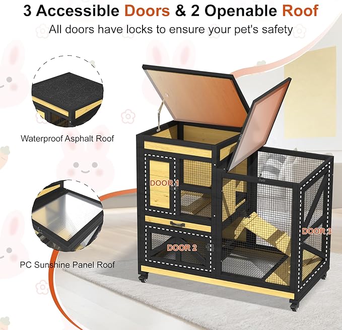 40'' Rabbit Cage Bunny Cage Indoor, Outdoor Rabbit Hutch for Small Animals, 2-Story Wooden Guinea Pig Cages with Wheels & 2 Deeper No Leak Trays, Waterproof Openable Roof & Bottom Wire Mesh-PurrikoPets