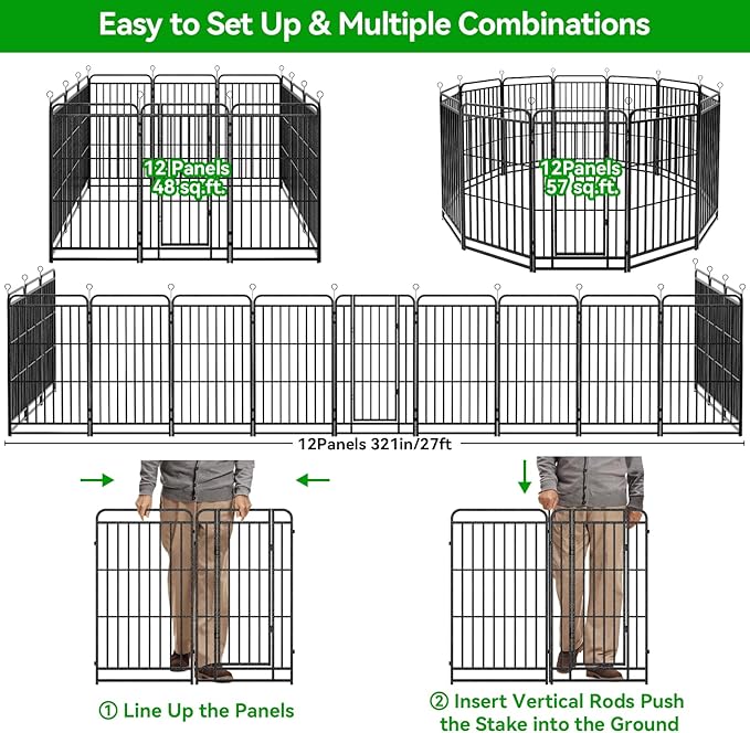 Dog Playpen Outdoor 12 Panels Heavy Duty Dog Fence 47" Height with Thick Pipe Anti-Rust with Doors Portable for RV Camping Yard, Total 27FT, 57 Sq.ft, Snowy Black-PurrikoPets