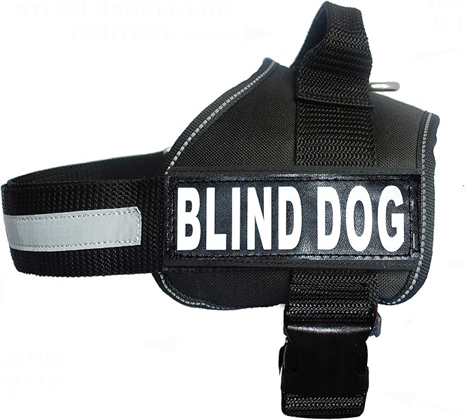 Doggie Stylz Blind Dog Vest Harness with Removable Patches and Reflective Trim. Comes with 2 Blind Dog Reflective Hook and Loop Patches. Measure Dogs Girth Before Purchase (Girth 30”- 42" Black)-PurrikoPets