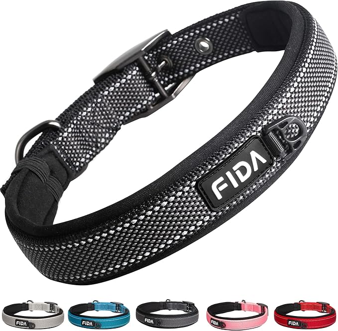 Fida Heavy Duty Dog Collar, Ultra Comfortable Soft Neoprene Padded, Adjustable Reflective Nylon Pet Collar with Durable Metal Belt Buckle for Large Breeds (L, Black)-PurrikoPets